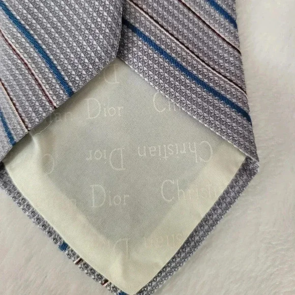 CHRISTIAN DIOR vintage men's gray blue red white striped career office necktie - Picture 4 of 6
